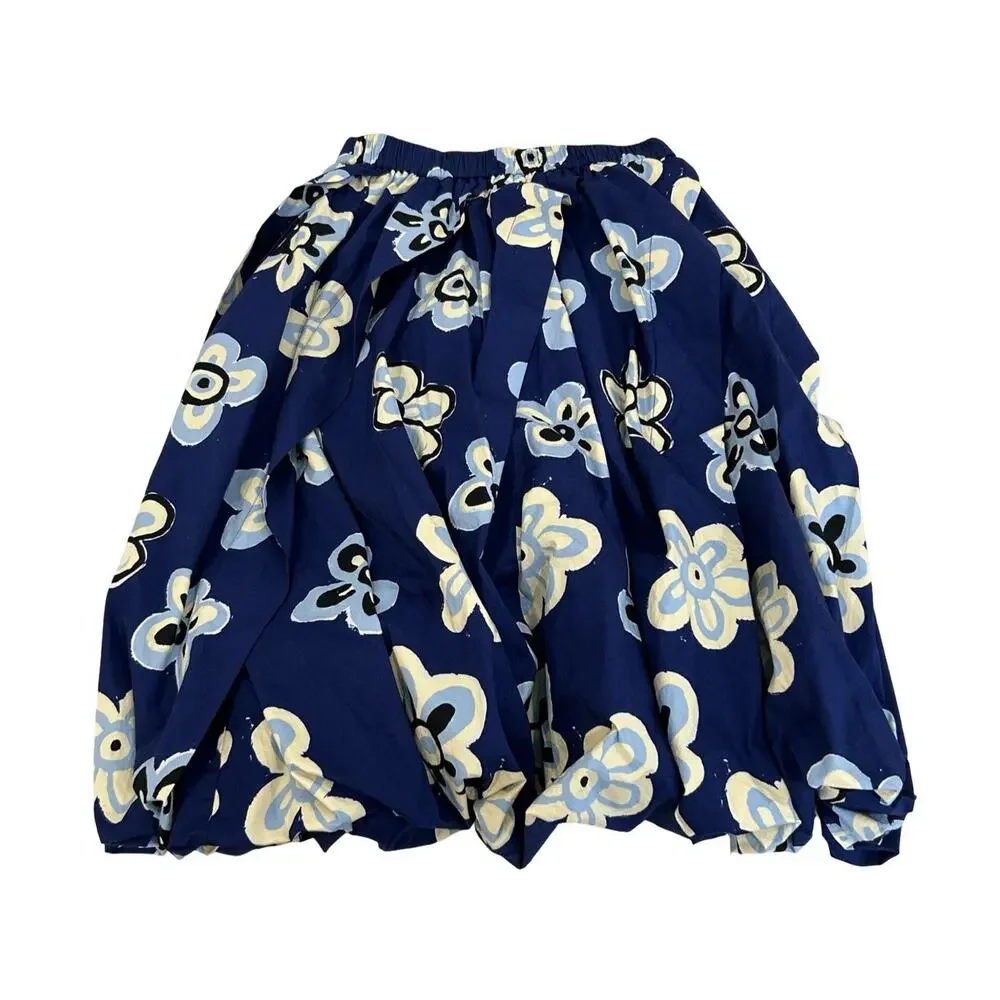 Marni Uniqlo Balloon Floral Skirt Womens Size XS Navy Blue Cotton Twill Pull On - Picture 3 of 7